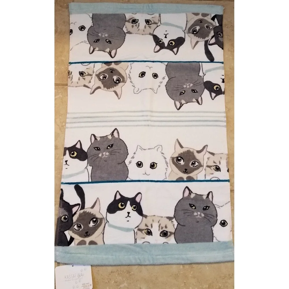 Kassafina Hand Towel 16x26 Cats Faces Lt‎ Blue NEW